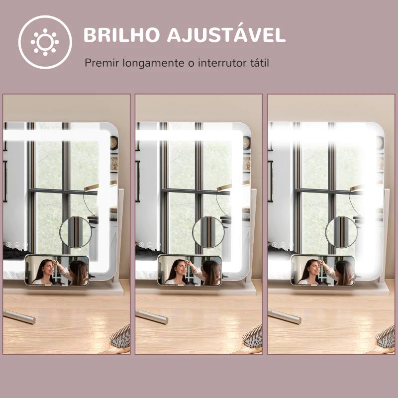HOMCOM Espelho de Maquilhagem com Luzes 3 Modos de Iluminação Suporte para Telemóvel e Entrada USB  62,5x14x49,5 cm Branco