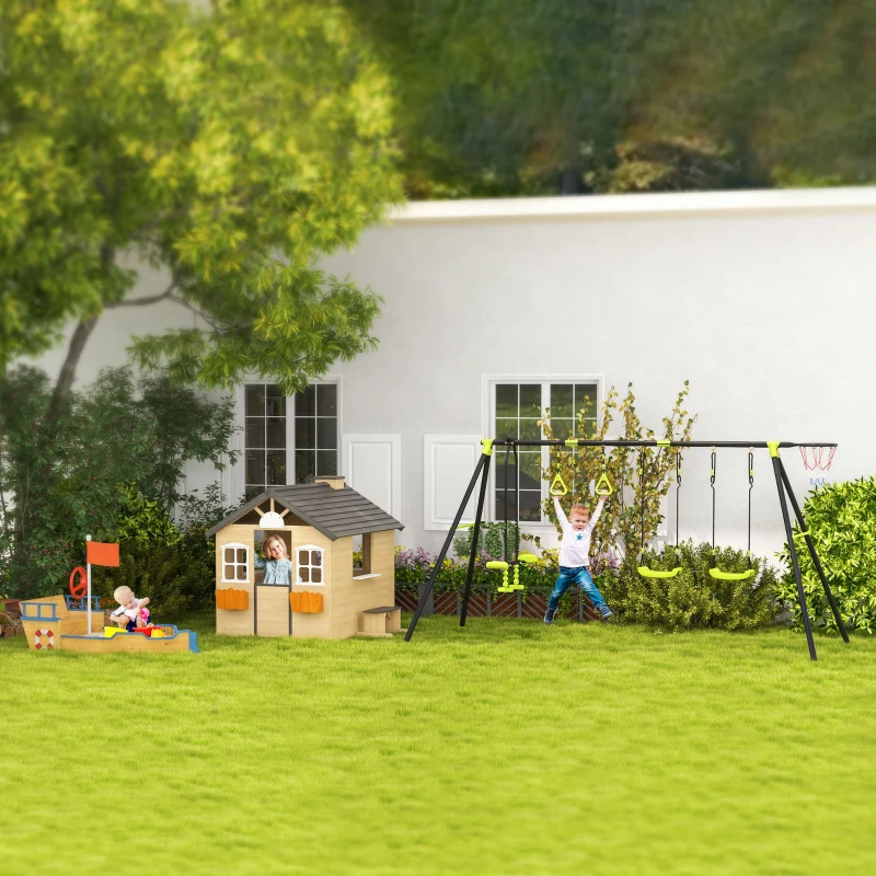 Outsunny Kinderschaukel Gartenschaukel mit Metallgestell Schaukelgerüst Schaukelset Klettern Ringe Wippe bis 150 kg Outdoor 365 x 138 x 175 cm