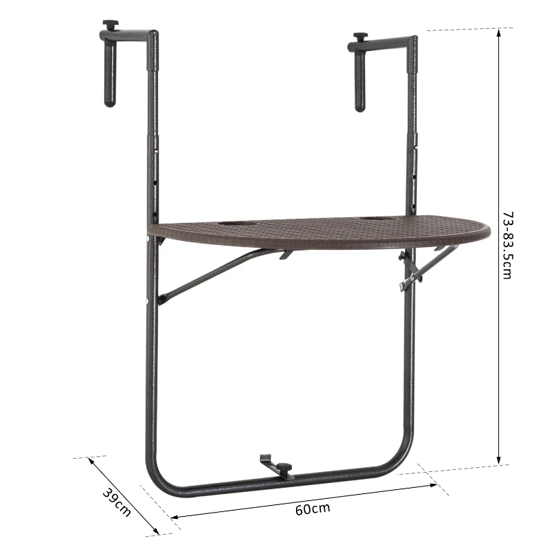 Outsunny Balkonhängetisch Hängetisch halbrund klappbar Rattan-Optik höhenverstellbar Balkon Braun 60 x 39 x 73–83,5cm