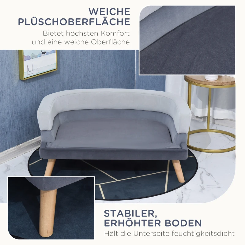 PawHut Hundesofa mit Rückenlehne, Haustiersofa mit Holzbeinen, Hundebett Weichem Bezug Katzensofa Grau 86,5x 61x36 cm