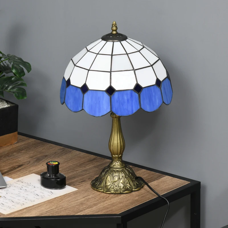 HOMCOM Candeeiro de Mesa com Desenho de Vitrais Coloridos  Candeeiro de Mesa de Vidro para Dormitório Sala de Estar Escritório Ø31x48 cm Azul