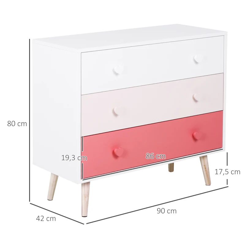 HOMCOM Kinderzimmer Schrank mit 3 Schubladen, Kinderschrank, Kommode, Aufbewahrung, Kiefernholz, MDF, Rosa, 90 x 42 x 80 cm