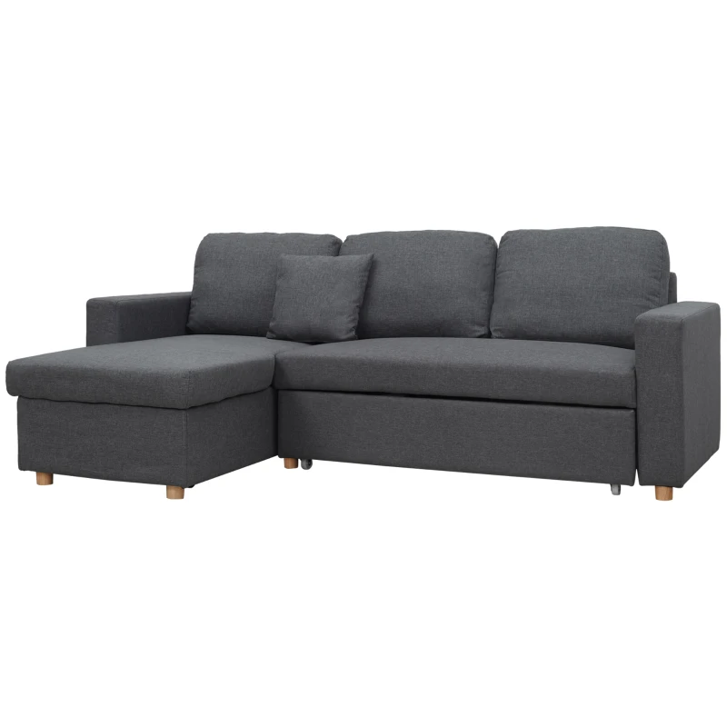 HOMCOM Ecksofa, Eckcouch, Schlafsofa, ausziehbar, mit Bettfunktion, Stauraum, Leinenoptik, dunkelgrau, 228 x 148 x 88cm