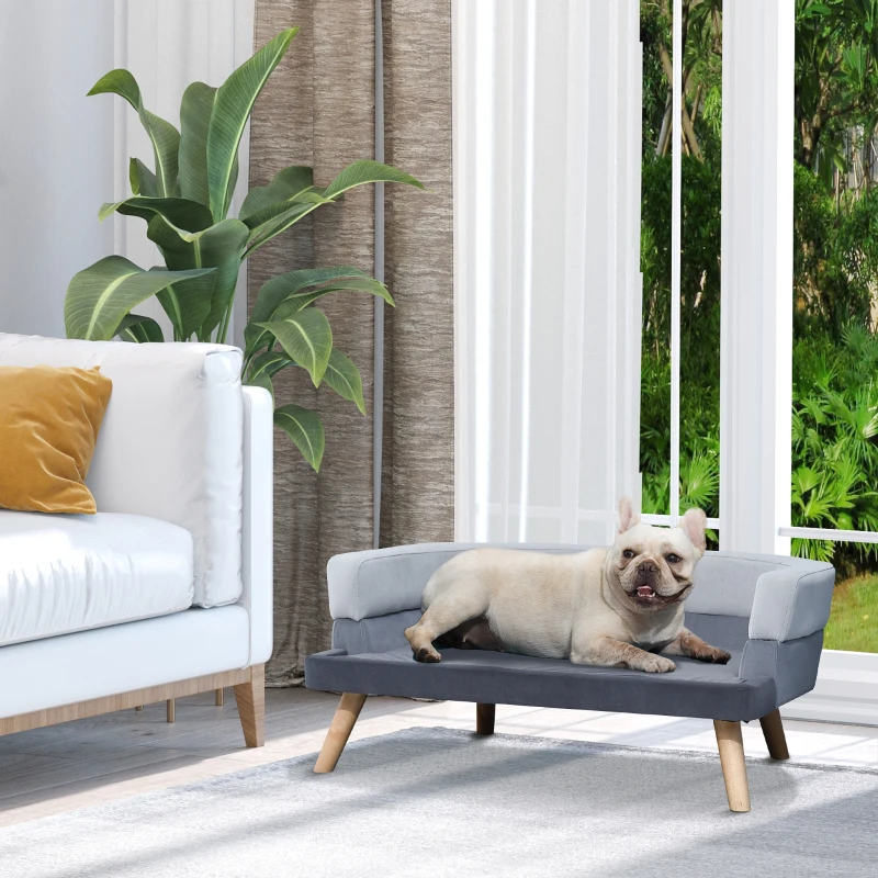 PawHut Hundesofa mit Rückenlehne, Haustiersofa mit Holzbeinen, Hundebett Weichem Bezug Katzensofa Grau 86,5x 61x36 cm
