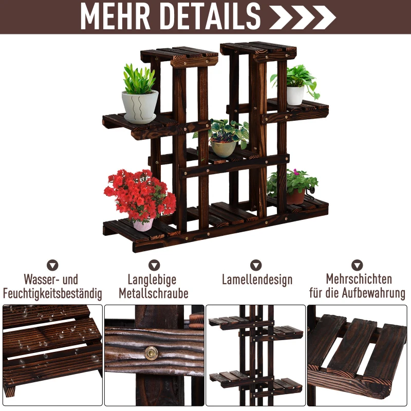 Outsunny Blumenständer Pflanzenregal, Vierstufiges Blumenregal, Blumentreppe, Massivholz, Dunkelbraun, 95 x 25 x 72 cm