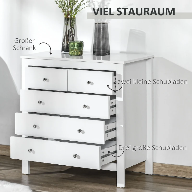 HOMCOM Kommode mit 5 Schubladen Beistellschrank Schubladenkommode Sideboard mit Anti-Kipp-Schutz, Schrank für Wohnzimmer, Schlafzimmer, Weiß 79 x 39,5 x 80,5 cm