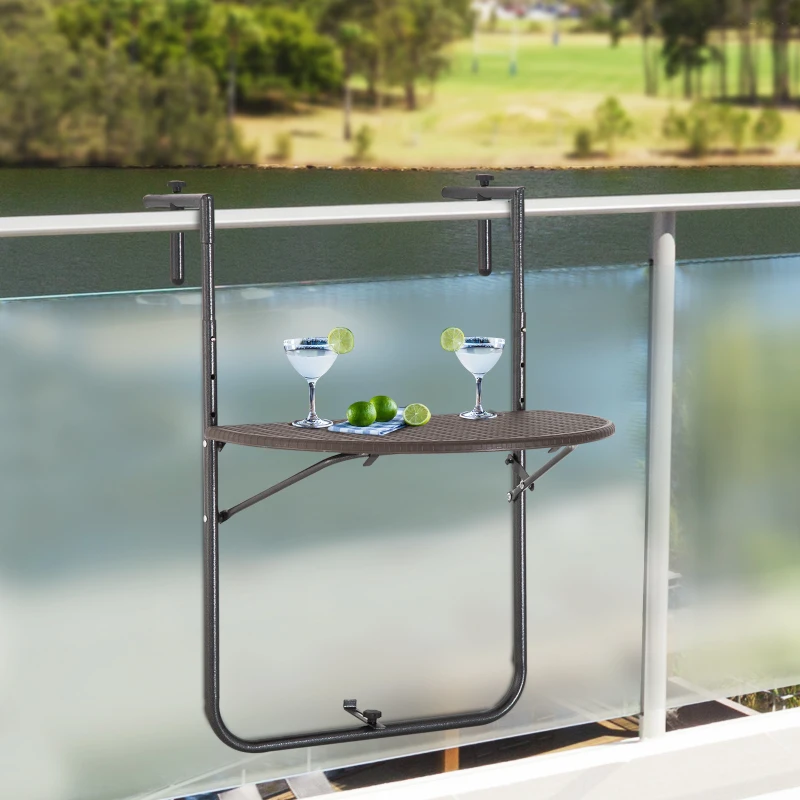 Outsunny Balkonhängetisch Hängetisch halbrund klappbar Rattan-Optik höhenverstellbar Balkon Braun 60 x 39 x 73–83,5cm