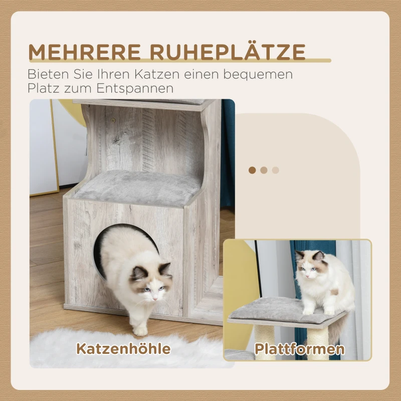 PawHut Kratzbaum mit Katzenhöhle Katzenbaum Kletterbaum für Katzen E1 MDF Sisal Grau 66 x 38 x 88 cm