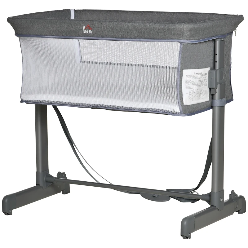 HOMCOM Babybett, Beistellbett, Reisebett, höhenverstellbar, mit Matratze, Stahl, grau, 86 x 50 x 83cm