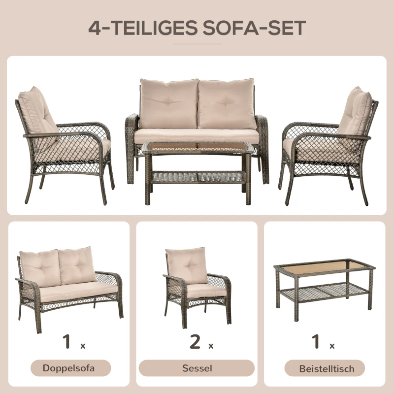 Outsunny 4-tlg. Gartensitzgruppe mit Beistelltisch Kissen Rattan Gartenset Polyrattan Metall Grau 136 x 79 x 88 cm