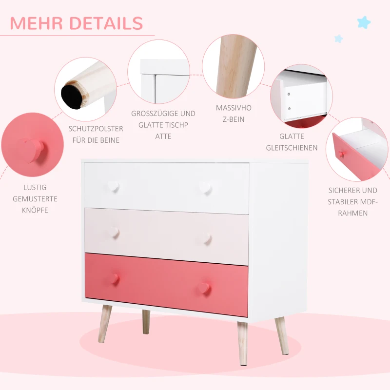 HOMCOM Kinderzimmer Schrank mit 3 Schubladen, Kinderschrank, Kommode, Aufbewahrung, Kiefernholz, MDF, Rosa, 90 x 42 x 80 cm