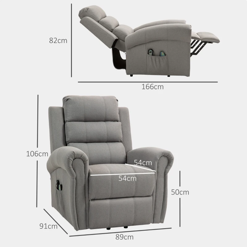 HOMCOM Relaxfauteuil met Opstahulp, 8 Massagepunten, Verwarmbare Rugleuning, Linnenlook, Grijs