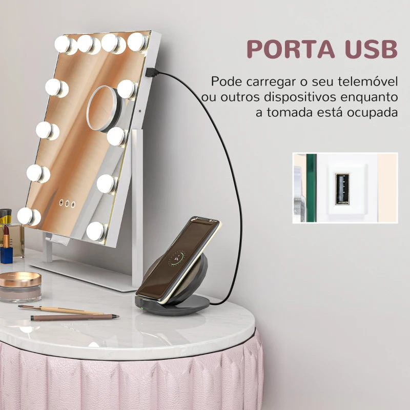 HOMCOM Espelho de Maquilhagem Estilo Hollywood com Luzes 12 Lâmpadas LED 3 Modos de Iluminação e Entrada USB 36,5x8,5x45,5 cm Branco