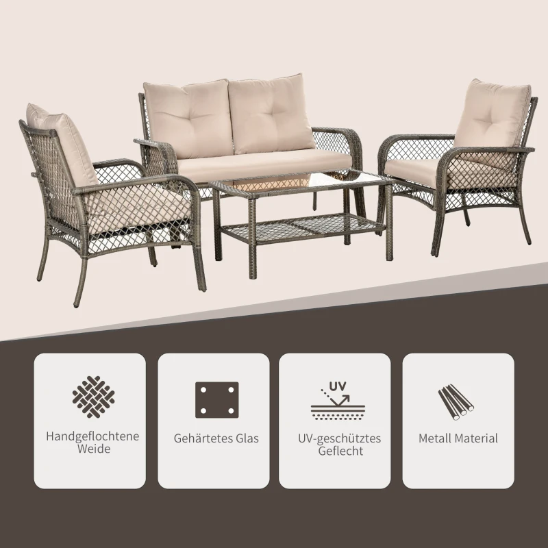 Outsunny 4-tlg. Gartensitzgruppe mit Beistelltisch Kissen Rattan Gartenset Polyrattan Metall Grau 136 x 79 x 88 cm
