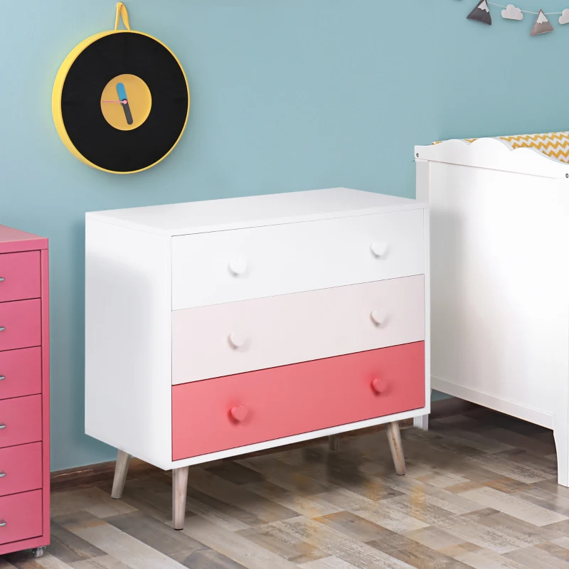 HOMCOM Kinderzimmer Schrank mit 3 Schubladen, Kinderschrank, Kommode, Aufbewahrung, Kiefernholz, MDF, Rosa, 90 x 42 x 80 cm