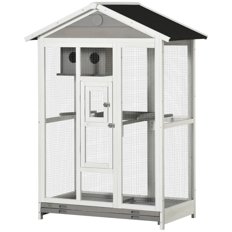 PawHut Voliere Vogelvoliere aus Holz, Vogelkäfig mit 4 Sitzstangen, Stahlgittern, 2 Türen, Vogelhaus für Sittiche, Finken, Stahl, Grau, 112 x 68 x 154 cm