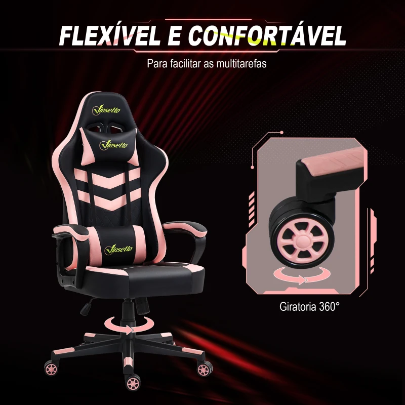 Vinsetto Cadeira Gaming com Altura Regulável Basculante Apoio de Cabeça e Almofada Lombar 61x70x121-129 cm Rosa e Preto