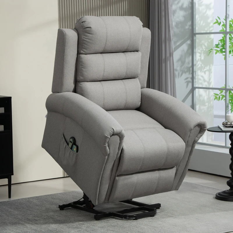 HOMCOM Relaxfauteuil met Opstahulp, 8 Massagepunten, Verwarmbare Rugleuning, Linnenlook, Grijs