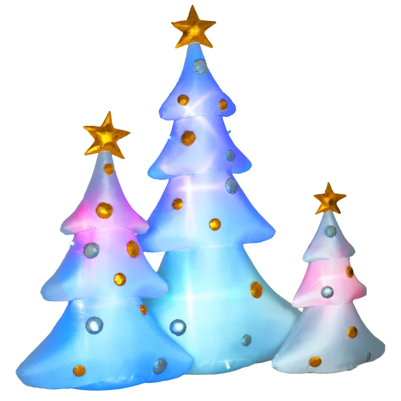 HOMCOM Zestaw 3 nadmuchiwanych choinek świątecznych, w tym wentylator, na zewnątrz i do wnętrz, z zestawem montażowym, Biały+Złoty