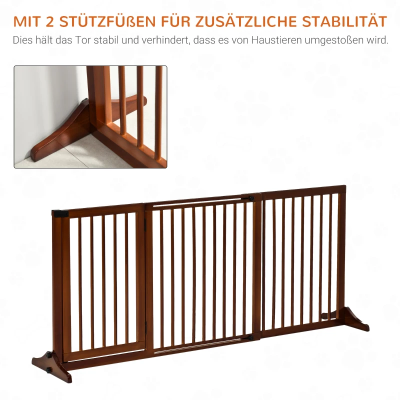 PawHut Absperrgitter Hunde Türschutzgitter Schutzgitter aus Holz Freistehendes Hundegitter mit Tür Hundeabsperrgitter Konfigurationsgitter für Kamin & Ofen Braun 113-166 x 36 x 71 cm