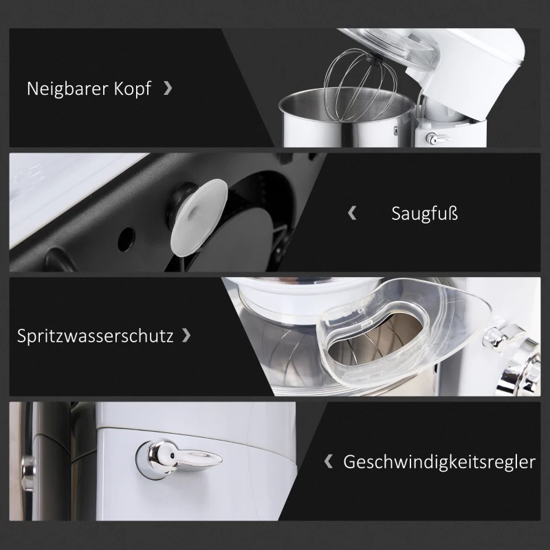 HOMCOM 1200 W elektrisches Handmixer-Set 2-in-1 5,5 L-Rührschüssel Handrührer mit Schneebesen Knethaken Rührbesen 6 Geschwindigkeiten + Impuls-Modus inklusive 304 Stahl Weiß 37 x 23 x 37 cm
