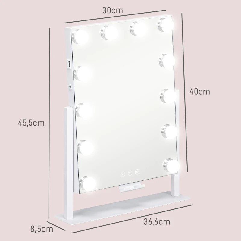 HOMCOM Espelho de Maquilhagem Estilo Hollywood com Luzes 12 Lâmpadas LED 3 Modos de Iluminação e Entrada USB 36,5x8,5x45,5 cm Branco