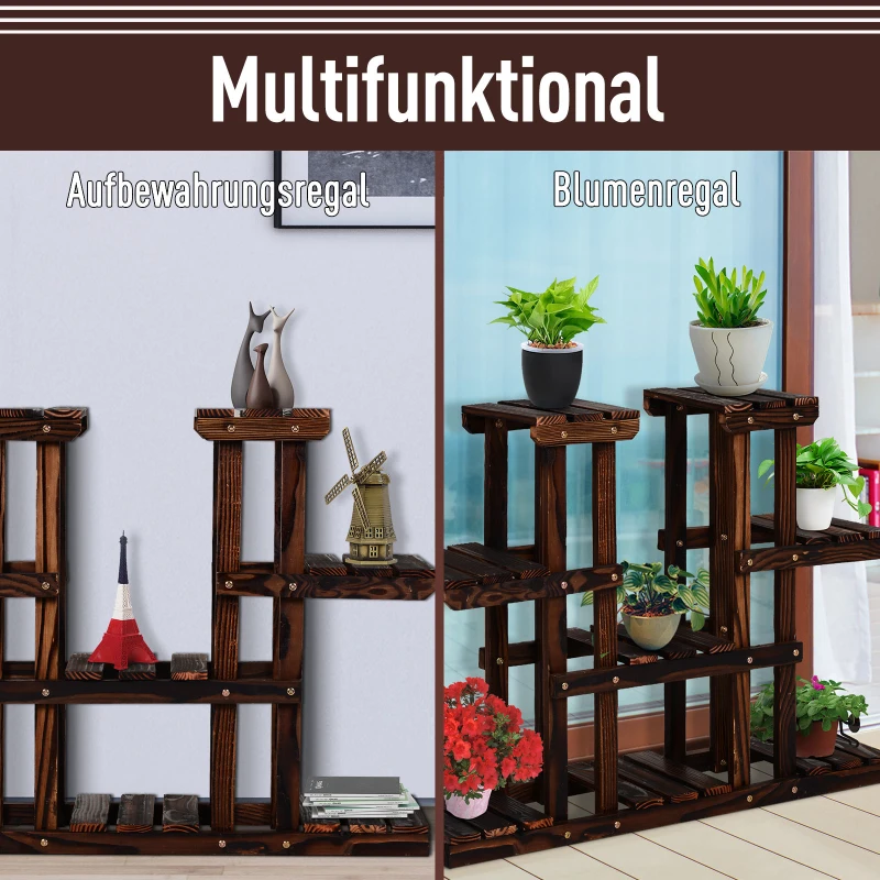 Outsunny Blumenständer Pflanzenregal, Vierstufiges Blumenregal, Blumentreppe, Massivholz, Dunkelbraun, 95 x 25 x 72 cm