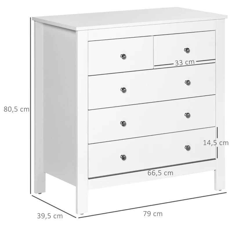HOMCOM Kommode mit 5 Schubladen Beistellschrank Schubladenkommode Sideboard mit Anti-Kipp-Schutz, Schrank für Wohnzimmer, Schlafzimmer, Weiß 79 x 39,5 x 80,5 cm