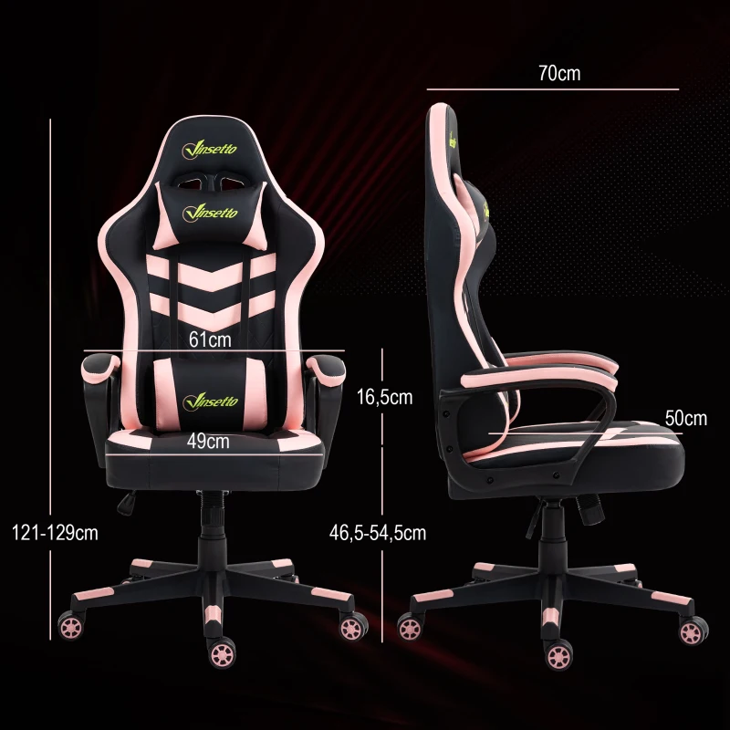 Vinsetto Cadeira Gaming com Altura Regulável Basculante Apoio de Cabeça e Almofada Lombar 61x70x121-129 cm Rosa e Preto