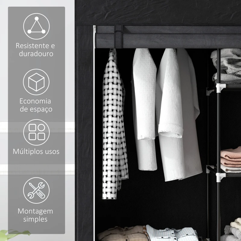 HOMCOM Roupeiro de Tecido Dobrável com 6 Prateleiras e 1 Barra de Pendurar para Dormitório Vestidor 103x43x162,5 cm Preto