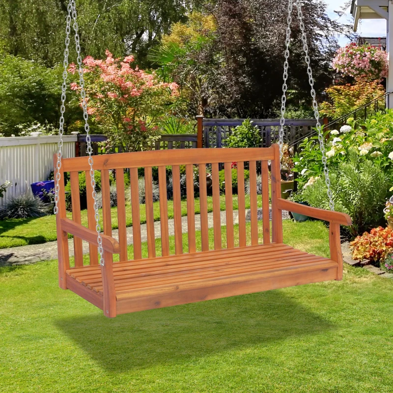 Outsunny Hängebank Gartenschaukel Hollywoodschaukel 2-Sitzer mit Ketten Holz Natur B122 x T61 x H59cm