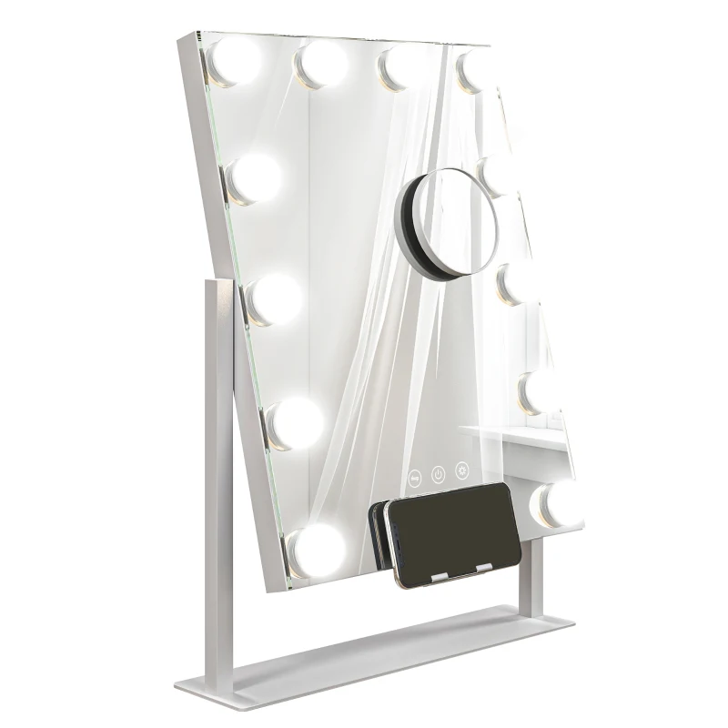 HOMCOM Espelho de Maquilhagem Estilo Hollywood com Luzes 12 Lâmpadas LED 3 Modos de Iluminação e Entrada USB 36,5x8,5x45,5 cm Branco