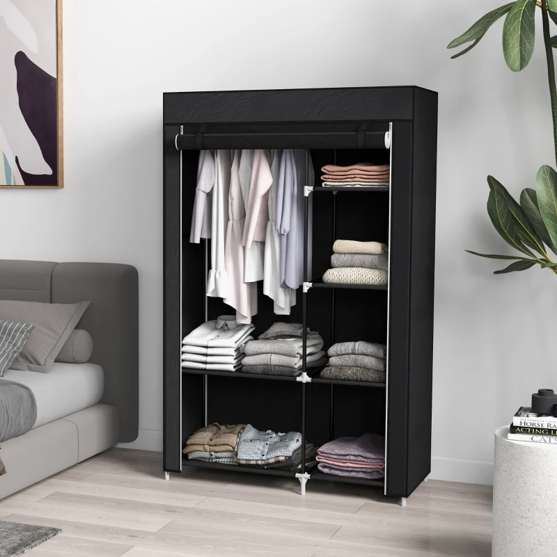 HOMCOM Roupeiro de Tecido Dobrável com 6 Prateleiras e 1 Barra de Pendurar para Dormitório Vestidor 103x43x162,5 cm Preto