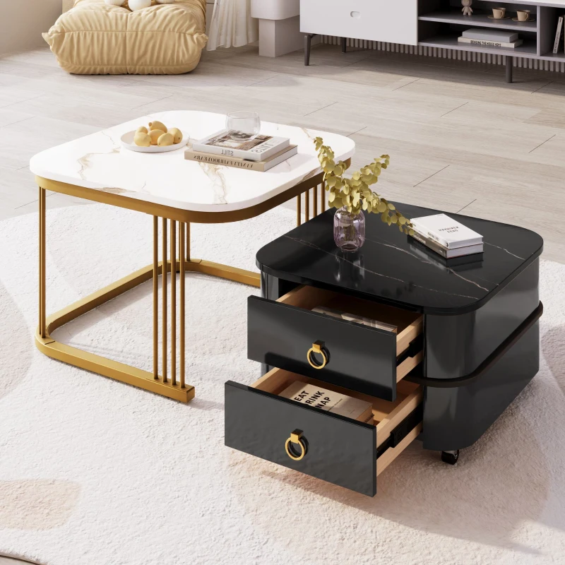 Set di 2 Tavolini da Salotto Impilabili con Piano in Marmo Lucido e Vetro, Struttura in Metallo e Cassetti, 60x60x42 cm + 50x50x34 cm, Nero