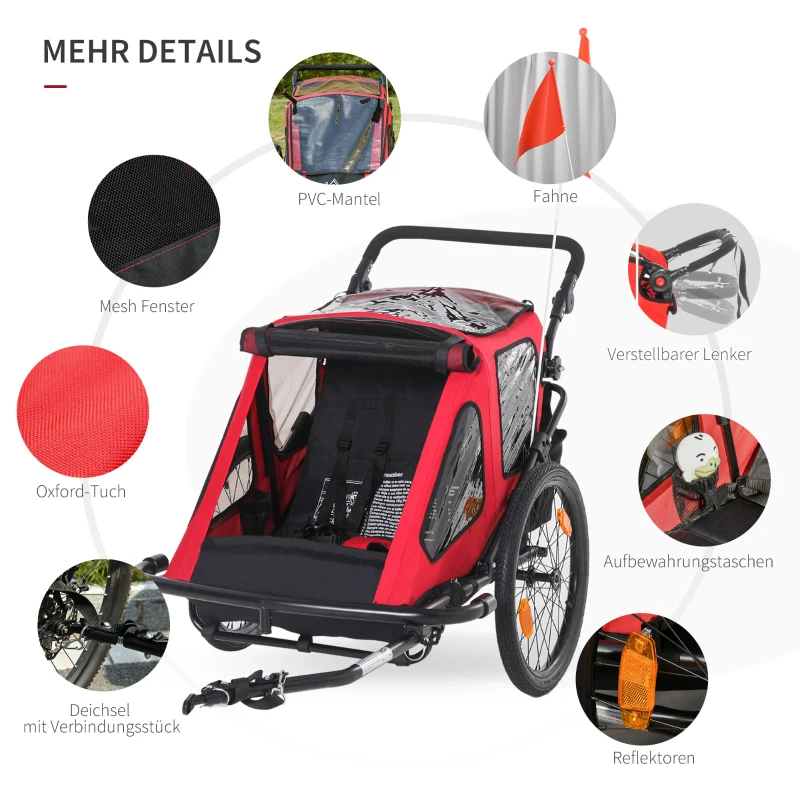 HOMCOM Kinderanhänger Jogger Fahrradanhänger mit Fahne Universalkupplung Fünfpunktegurt Rot 160 x 83 x 96cm