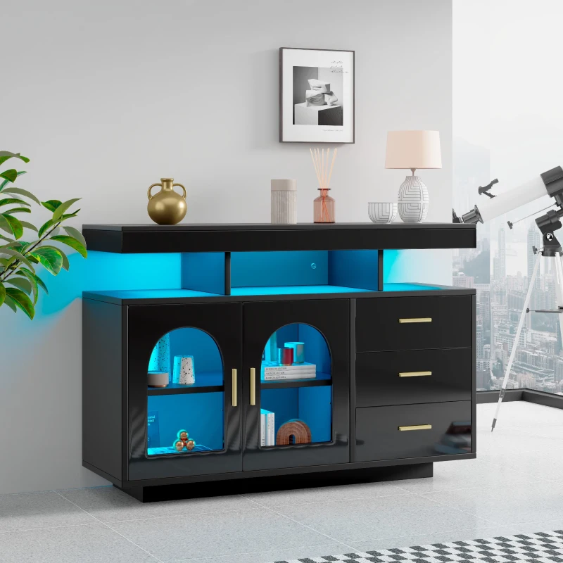 Credenza Moderna e Lucida con 3 Cassetti e 2 Ante, Luci LED 16 Colori, per Soggiorno e Cucina, 120x40x80 cm, Nero