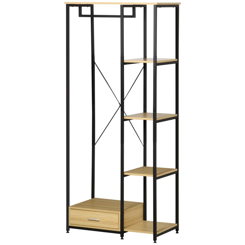 HOMCOM Garderobe im Industriedesign 1 Schublade, 1 Kleiderstange, 4 Regale 77 cm x 39 cm x 180 cm Schwarz + Natur