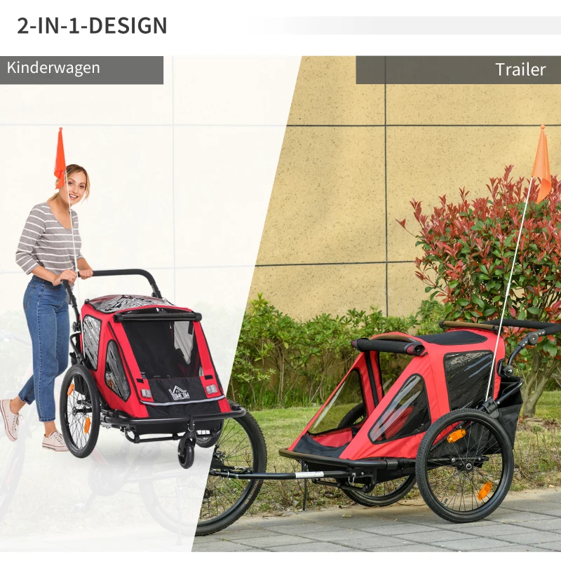 HOMCOM Kinderanhänger Jogger Fahrradanhänger mit Fahne Universalkupplung Fünfpunktegurt Rot 160 x 83 x 96cm