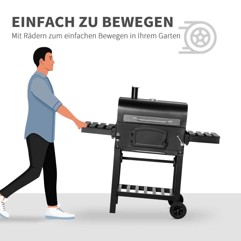 Outsunny Holzkohlegrill BBQ Gartengrill mit Deckel und Ablagen Metall Smoker BBQ Warmhalteplatte Regale Gartenparty Transportrollen Schwarz 124 x 66 x 112 cm