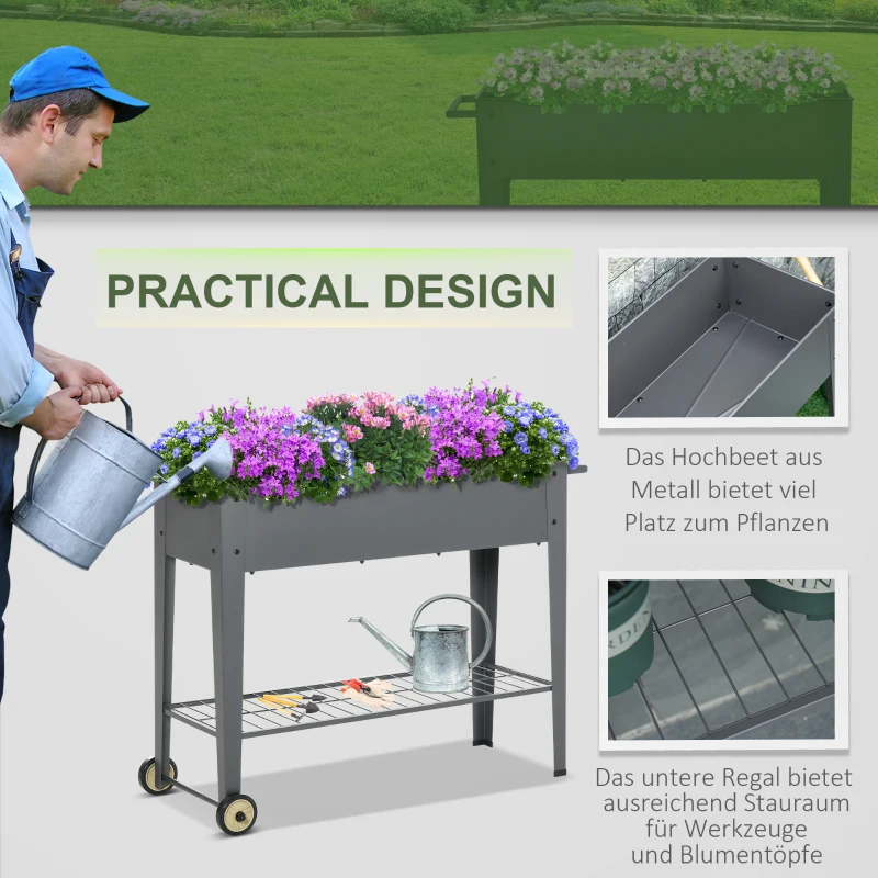Outsunny Hochbeet mit Rädern und Regal für Garten und Balkon Kräuterbeet Pflanzenbeet Metall Kunststoff Grau 104 x 39 x 80 cm