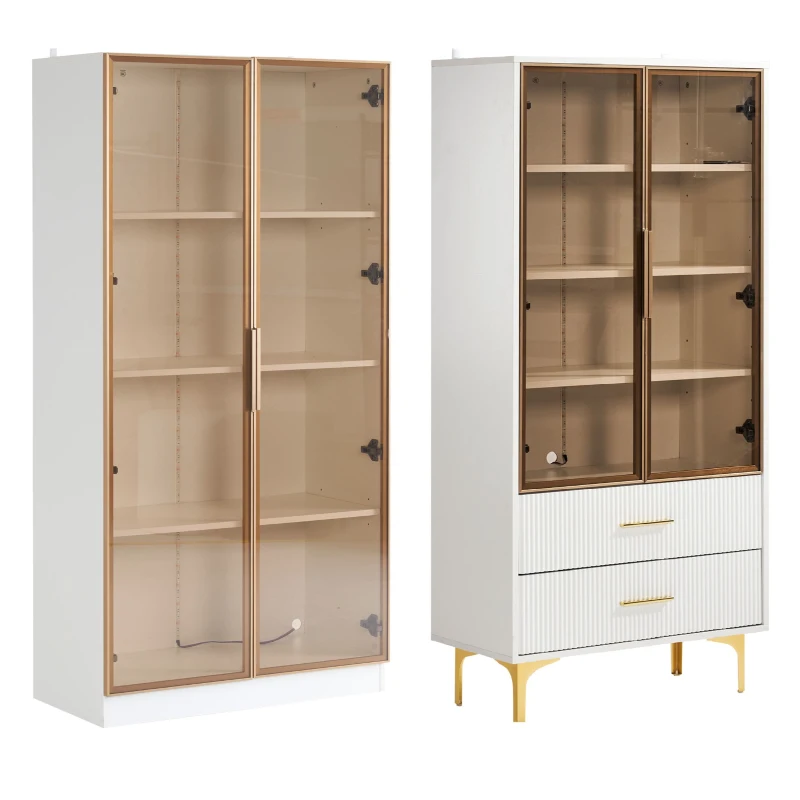 Vitrine de salon moderne avec éclairage LED et étagères réglables, verre, 80x40x160 cm + 70x35x150 cm - Buffet de salon moderne, Blanc(m-2)