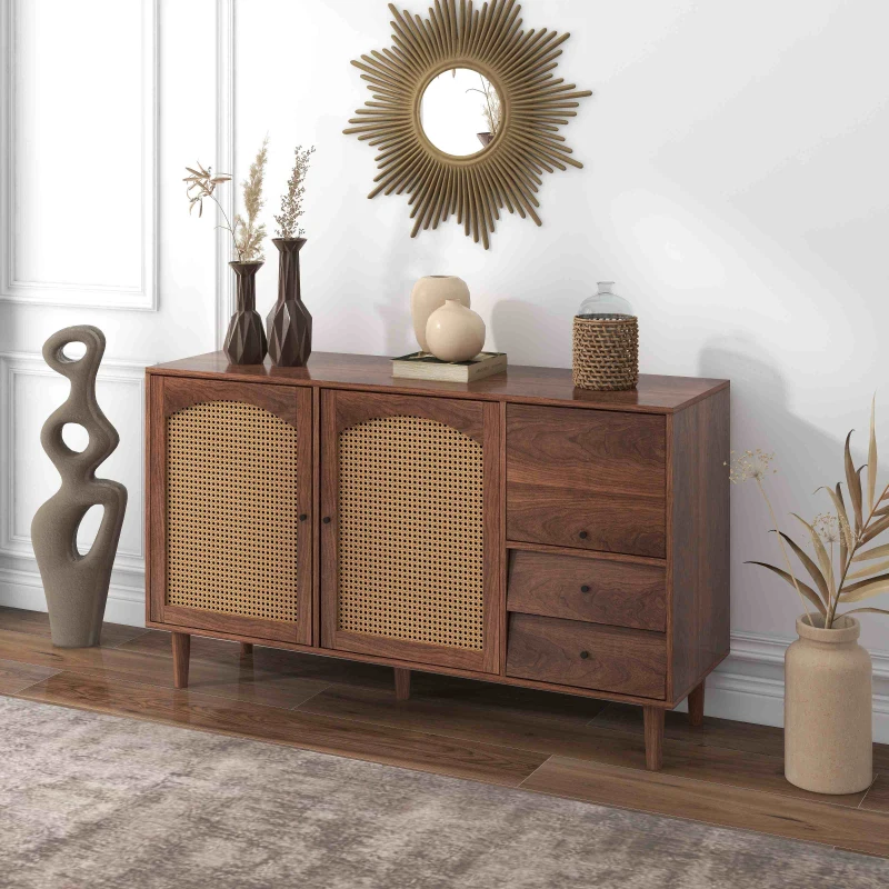 Credenza Moderna in Stile Naturale con Inserti in Rattan, Tre Porte e Due Cassetti Irregolari, 130x75,5x40 cm per Soggiorno o Cucina, Rattan