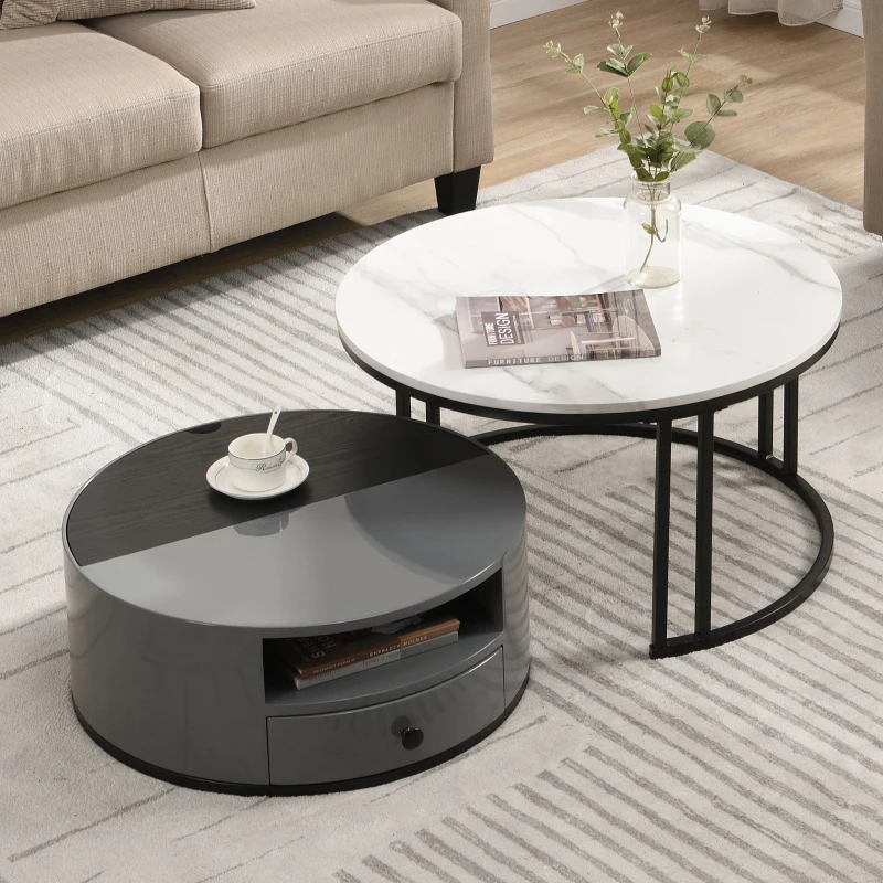 Set di Tavolini da Salotto Moderno Incastro in Stile Marmo PVC con Design Elegante e Spazio di Stoccaggio, 70x70x40 cm + 60x60x25,5 cm, Grigio
