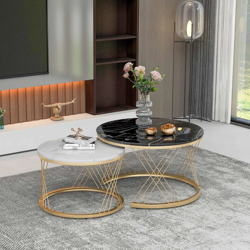 Tavolini Rotondi Moderni a Incastro, con Finitura Effetto Marmo e Struttura Metallica Dorata, 70x70x45 cm e 45x45x40 cm, Nero e Bianco