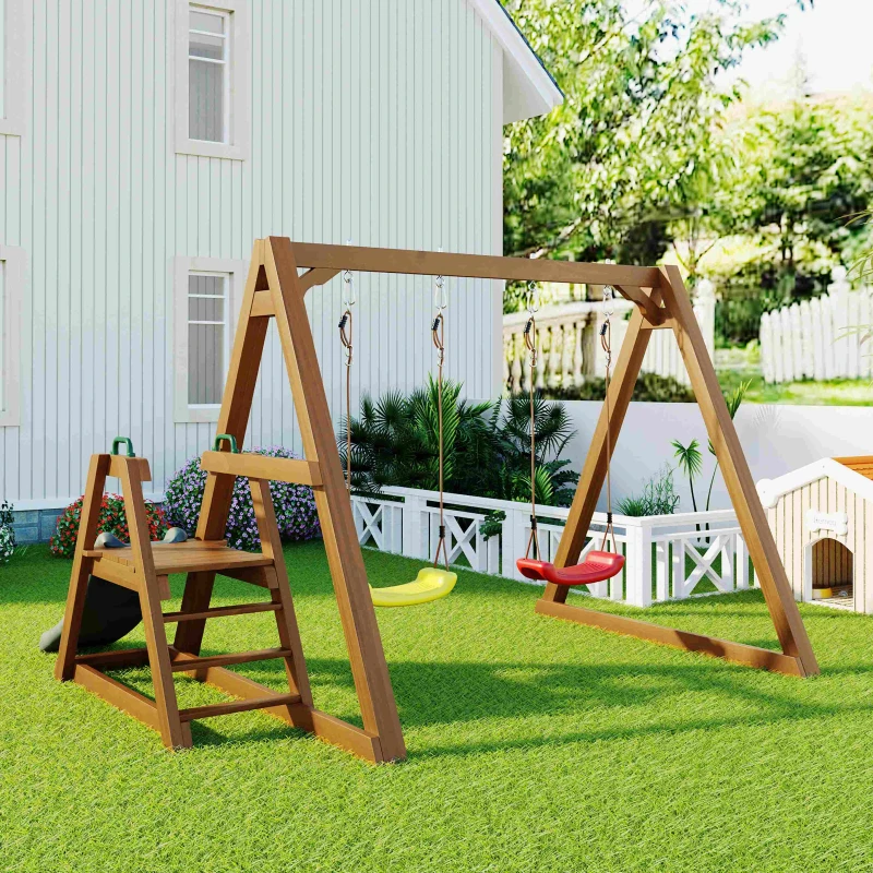 Altalena in legno doppia per bambini con scivolo e scala da arrampicata, 239x240x169 cm, colore naturale