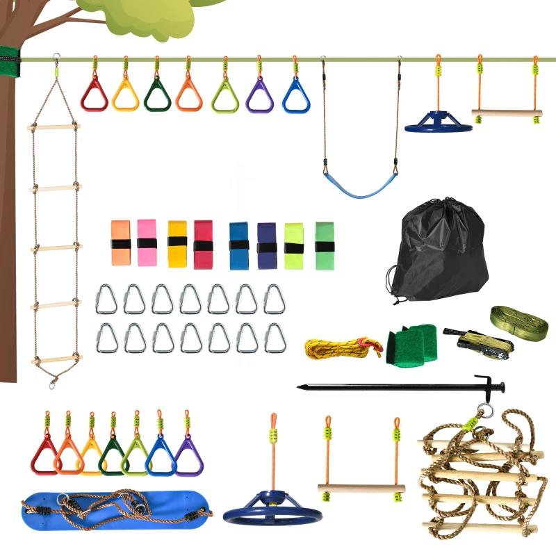 Outsunny Ninja Slackline Set 13 m hängende Hindernisse für 3-14 Jahre Kinder Schwingen Ninja Kinder Klettertraining Seil mit Ringe Holzleiter Schaukel Outdoor Polyester Holz mehrfarbig