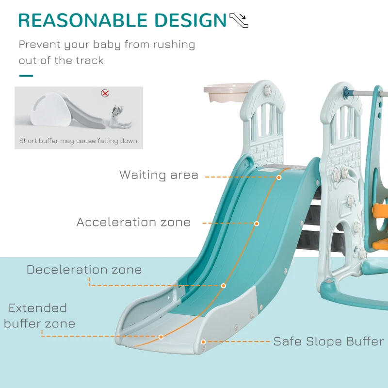 HOMCOM Tobogan pentru Copii cu Leagăn, Coș și Inele de Fotbal, Joc pentru Copii, 210x186x133 cm, Albastru