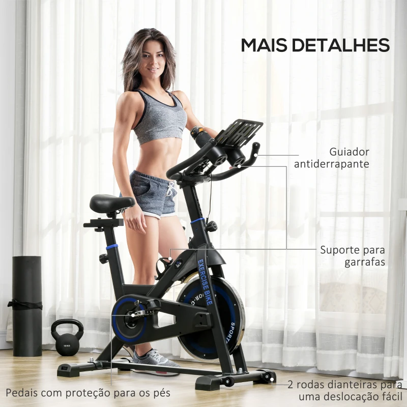 HOMCOM Bicicleta Estática com Volante de Inércia 8 kg Ecrã LCD Guiador e Assento Ajustáveis 103x53x110-114 cm Azul