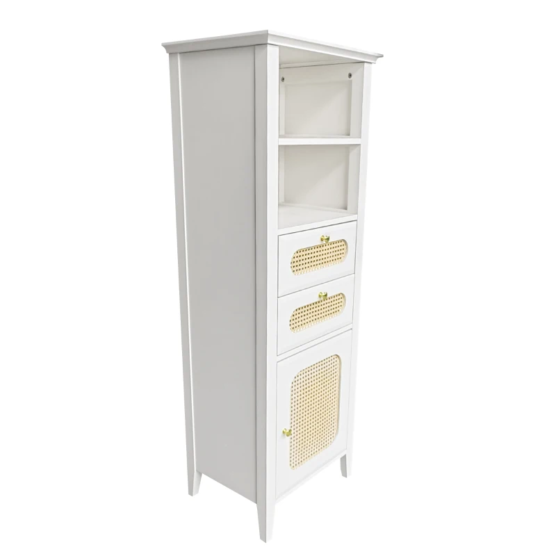 Credenza Moderna per Soggiorno con Rattan e Superficie Laccata, Funzionale e Elegante, 140,5x38x50 cm, Bianco