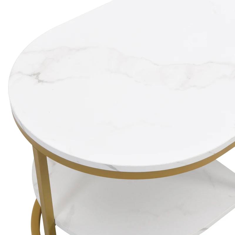 Tavolino da Salotto Moderno Ovale in Marmo con Struttura in Ferro Dorato, Dotato di Cassetti e Ripiani, Maniglie Dorate, 100x50x45 cm, Bianco